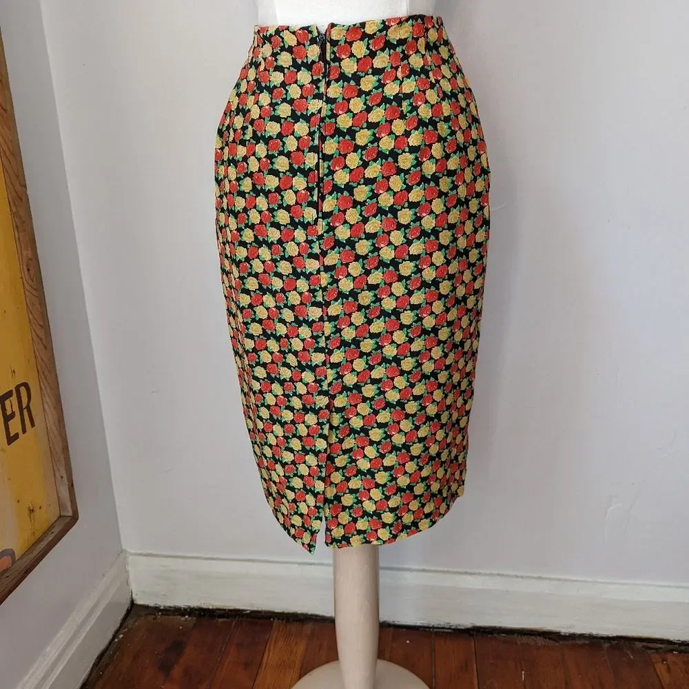 Vintage Red and Gold Rose Silk Pencil Skirt- 28" Waist - Picture 4 of 10